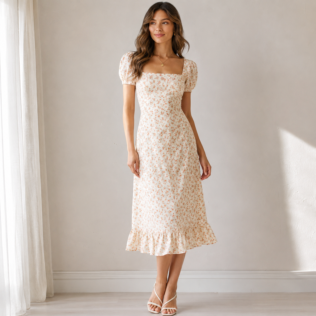 Ivory Floral Puff Sleeve Midi Dress
