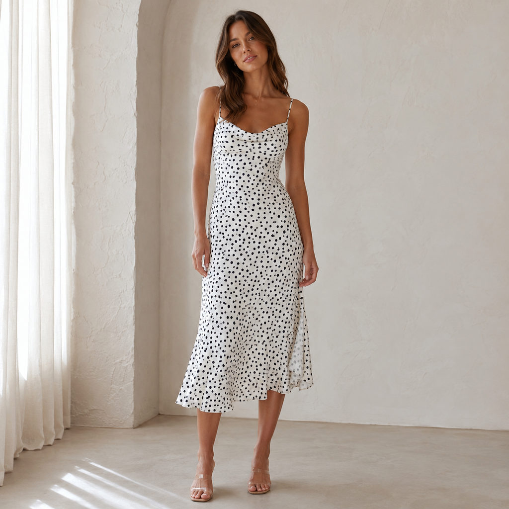 White Polka Dot Spaghetti Strap Midi Dress