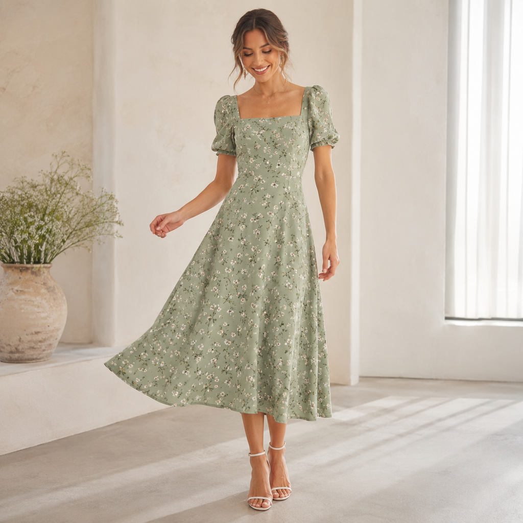 Sage Green Floral Puff Sleeve Midi Dress