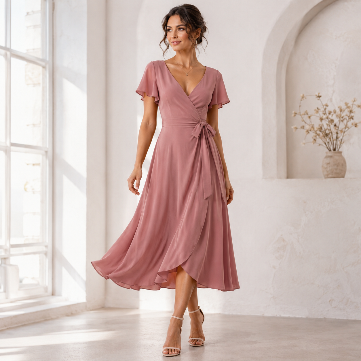 Dusty Rose Wrap Midi Dress