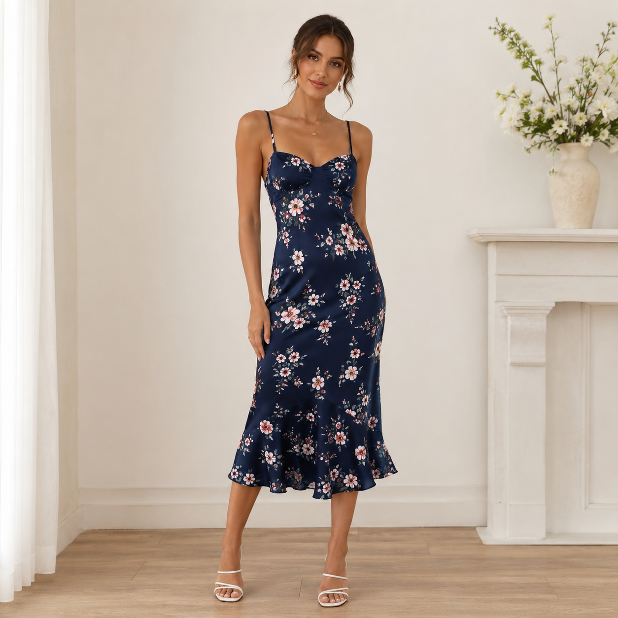 Navy Floral Spaghetti Strap Midi Dress