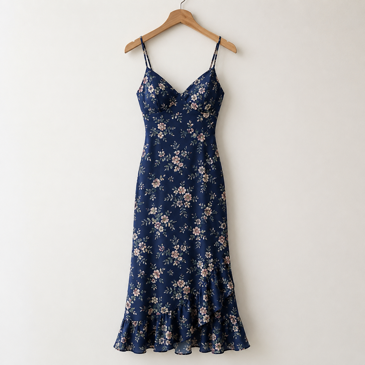 Navy Floral Spaghetti Strap Midi Dress