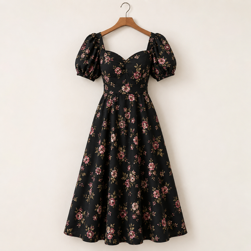 Black Floral Puff Sleeve Midi Dress